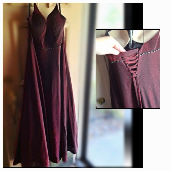 Tiffany Designs Red Wine Maxi Formal Gown Corset Lace Up Back Shimmery - Picture 1 of 16